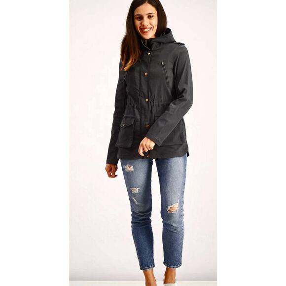 Eden Society Holly Hooded Utility Cargo Jacket L Dark Gray Drawstring Waist - Picture 4 of 14